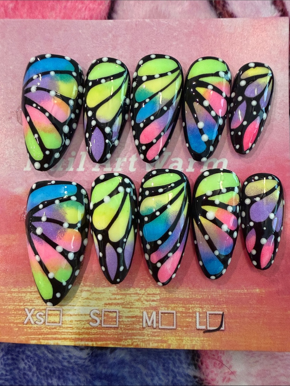 Hand-Painted Rainbow Butterfly Press-On Nails - Multicolor